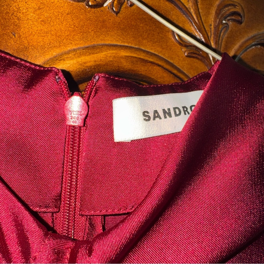 Sandro Ruched Satin Wine Red Midi Dress sleeveless - Picture 4 of 6